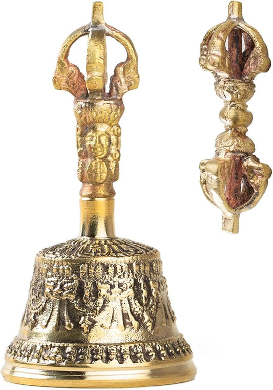 Mini Tibetan Bell Bajra Set - Dharma Object Alter Pray Singing Bowl Hand Bell Handmade Buddhist Meditation Bell by Himalayan Bazaar (4-Inch)