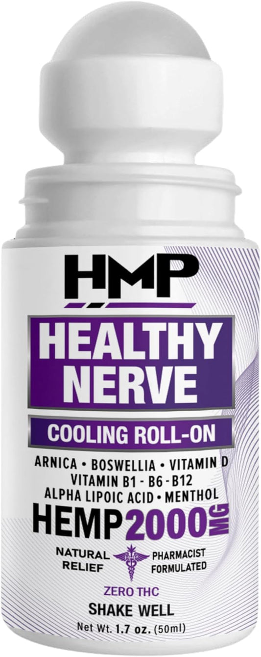Neuropathy Nerve Pain Support Roll-on Hemp Cream 2000mg Maximum Strength Relief for Back, Neck, Shoulder, Legs, Feet. Natural Arnica, Boswellia, Vitamin D3 B1 B6 B12 + Menthol, Made in USA 1.7 oz