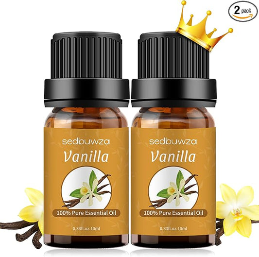 Sedbuwza Vanilla Essential Oil Set, 2 Pack Vanilla Aromatherapy Oils for Massage, Diffuser, Perfume, Soap, Candle Making 2 x 10 ml