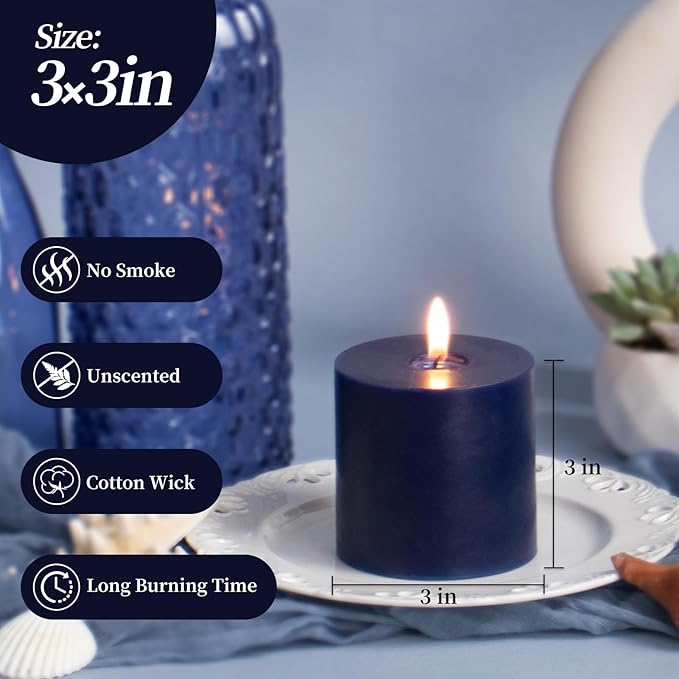 KONNI Navy Blue Pillar Candles Set of 3, 3"x 3" Unscented Pillar Candles Bulk, 30 Hours Long Burning Candles, Smokeless&Dripless Large Round Candle for Wedding, Home Decoration, Parties, Spas, Dinner