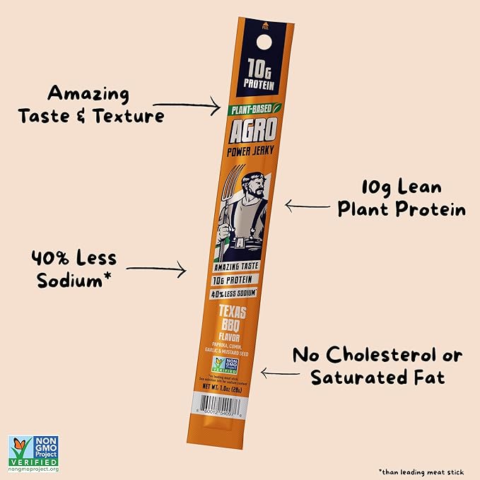AGRO POWER Vegan Jerky Sticks, Texas BBQ Flavor Plant-Based, 7 Stick Bag with 10g Protein, Non-GMO, 40% Less Sodium, Zero Cholesterol, Meat Alternative, High Protein Snack for Lunch, On-the-Go Fuel