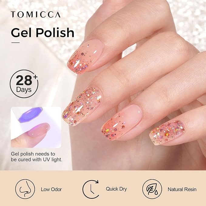 TOMICCA Glitter Gel Polish, 15ml Champagne Gold Sparkly Gel Nail Polish, Soak Off UV Nail Polish Natural Color Nail Art DIY Manicure Salon