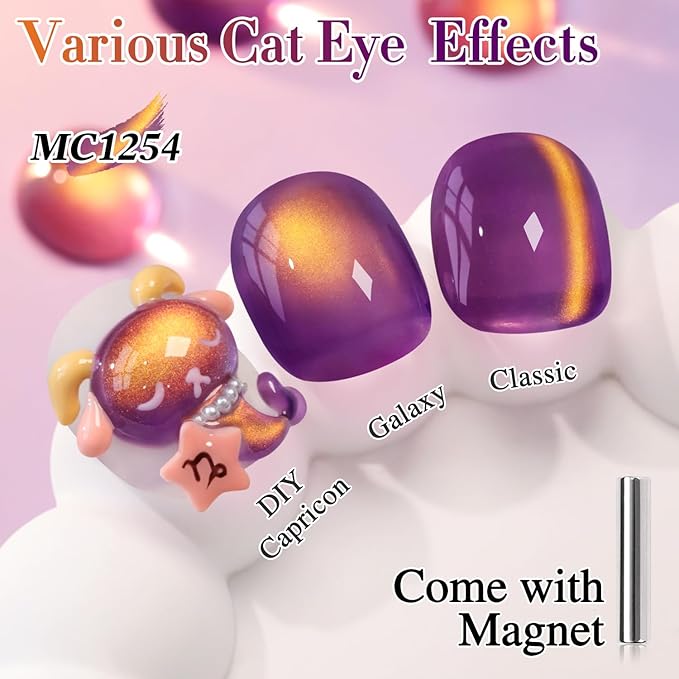 Double Rhythm Jelly Glass Cat Eye Gel Polish with Magnet 15ML Holographic Glitter Shimmer Translucent Sheer Color Magnetic Nail Polish Salon DIY at Home (Golden Purple-MC1254)