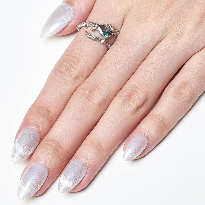 GLAMERMAID French Tip Magnet Cat Eyes Press on Nails Short Almond, Nude White Handmade Jelly Gel Fake Nail, Ombre Pearl Glitter Magnetic Glue on Nail Stiletto, Medium Oval Stick False Nail for Women