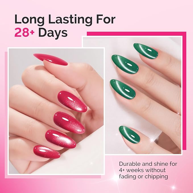 MelodySusie Velvet Gem Red Green Cat Eye Set Cat Eye Gel Nail Polish Set 6 Pcs, 0.26 Fl Oz Glitter Holographic Magnetic Nail Polish with Magnet, UV Nail Polish for Nail Art Manicure Salon DIY at Home