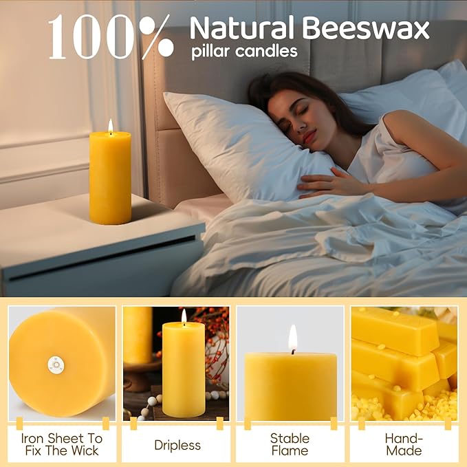 4 Pack Natural Beeswax Pillar Candles,100% Pure Beeswax Candles-380 Hours Long Burning,2.8x6in Unscented Bees Wax Candle for Home,Prayer,Emergency,Dripless Smokeless Organic Pillar Candle Bluk