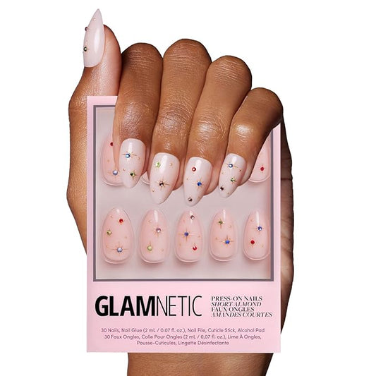 Glamnetic Press On Nails - North Star | Semi-Transparent 3D Multicolor Gems Short Almond Fake Nails, Salon Quality | 15 Sizes - 30 Nail Kit