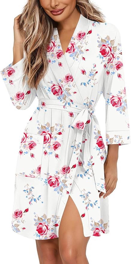 Ekouaer Women Robes Shawl Collar Bathrobe Short Kimono Robe Soft Knit Bathrobes Ladies Sleepwear with Pockets S-XXL