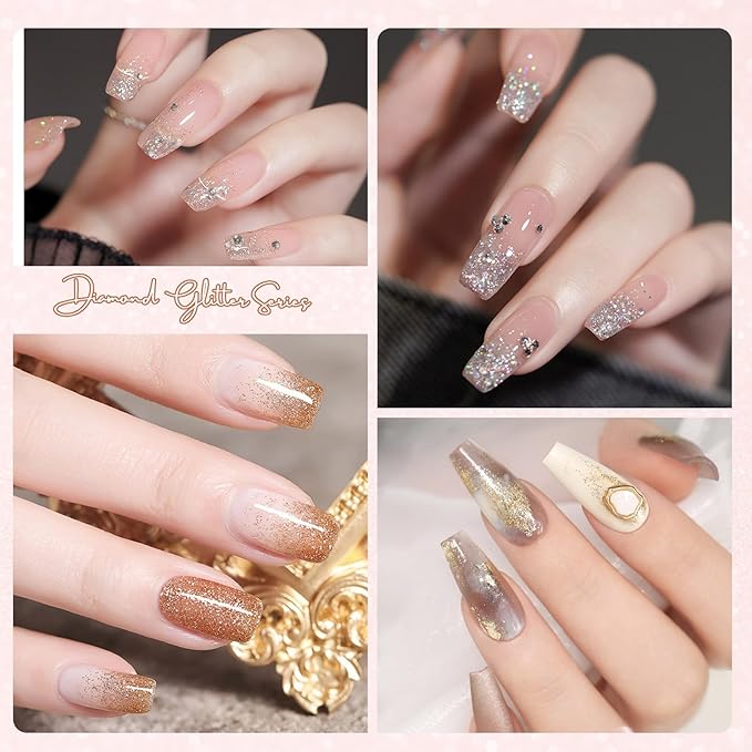 CANNI 8 Pcs 9 ML Glitter Diamond Gel Nail Polish Set, Shimmer Sparkly Shiny Black Gold Silver Blue Green Purple Colors Gel Polish Kit Soak Off Led Nail Art Manicure Salon DIY