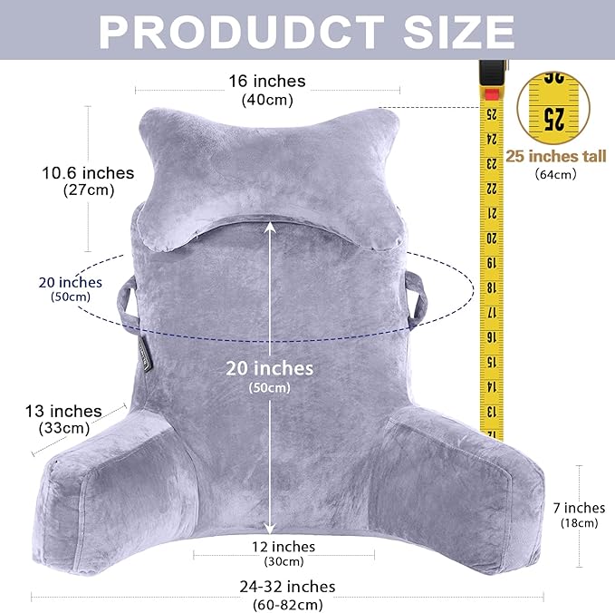 Reading Pillow-Bed Rest Pillow with Detachable Neck Roll & Higher Support Arm for Sitting in Bed Couch or Floor-Backrest Reading Pillow Adult Back Pillow for Reading/Watching TV/Gaming/Relaxing