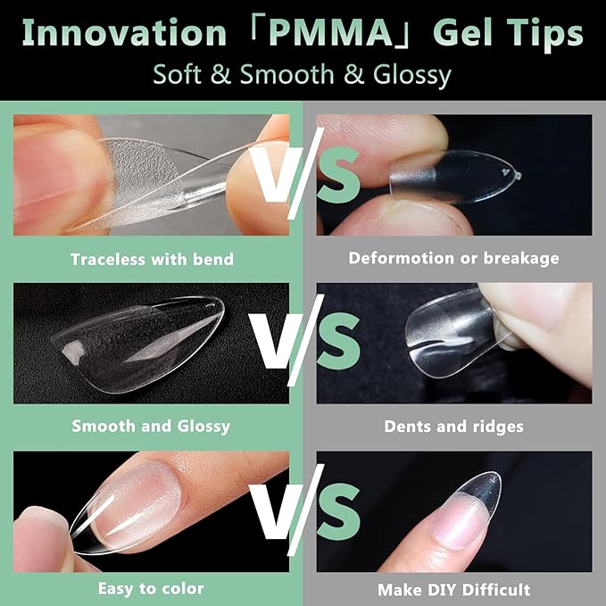 Medium Almond Nail Tips, 216pcs Acrylic Fake Nails Gel Nail Tips Soft, Full Cover Pre-Shaped Matte Clear Press on Nails for Extension, Diy at Home Manicure 12 Sizes