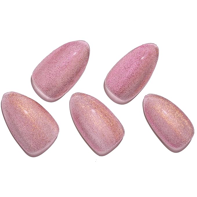 GLAMERMAID Golden Pink Magnet Cat Eye Press on Nails Short Almond, Handmade Chameleon Gel Fake Nail Kit, Ombre Purple Glitter Magnetic Glue on Nail Stiletto, Medium Oval Stick False Nail Set for Women