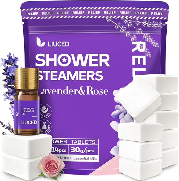 Shower Steamers Aromatherapy - 14 Pack Lavender & Rose Shower Bombs and 5ml Natural Lavender Essential Oils, Christmas Gifts for Women, Self Care Stress Relief Gifts for Mom Wife Her