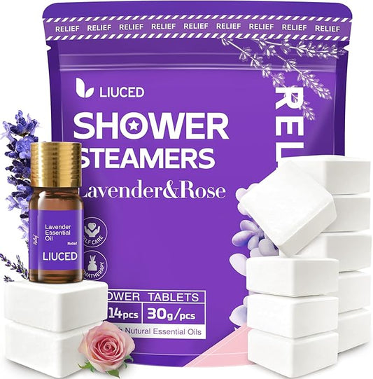 Shower Steamers Aromatherapy - 14 Pack Lavender & Rose Shower Bombs and 5ml Natural Lavender Essential Oils, Christmas Gifts for Women, Self Care Stress Relief Gifts for Mom Wife Her