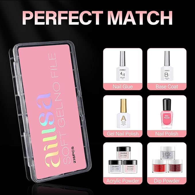 AILLSA Short Oval Nail Tips Full Cover Clear Gelly Nails Tip Half Matte Acrylic Tips Pre-Filed Fake Press on Nail Tips for Extension Home DIY Salon Manicure 216PCS 12 Sizes