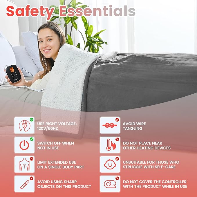 Sunable Heated Electric Blanket - Machine Washable Blanket with Time Settings 10 Heat Settings Queen Size 84×90 inches Grey - Velvet & Sherpa