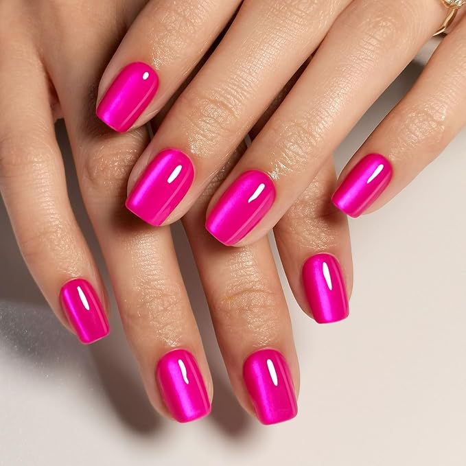 Hot Pink Press on Nails Short - Cat Eye Press on Nails Square for Women Gift, Natural Fit & Glossy Stick on Nails in 16 Sizes - 32 Reusable Soft Gel Fake Nails with Glue, Hot Pink