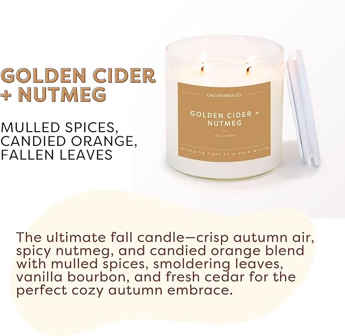 Calyan Wax Co. Golden Cider & Nutmeg 2 Wick Scented Candle - 37 Hour Burn - Luxury Non Toxic Soy Wax Candles - Long Lasting Large Glass Jar Candle for Home - 8.8oz