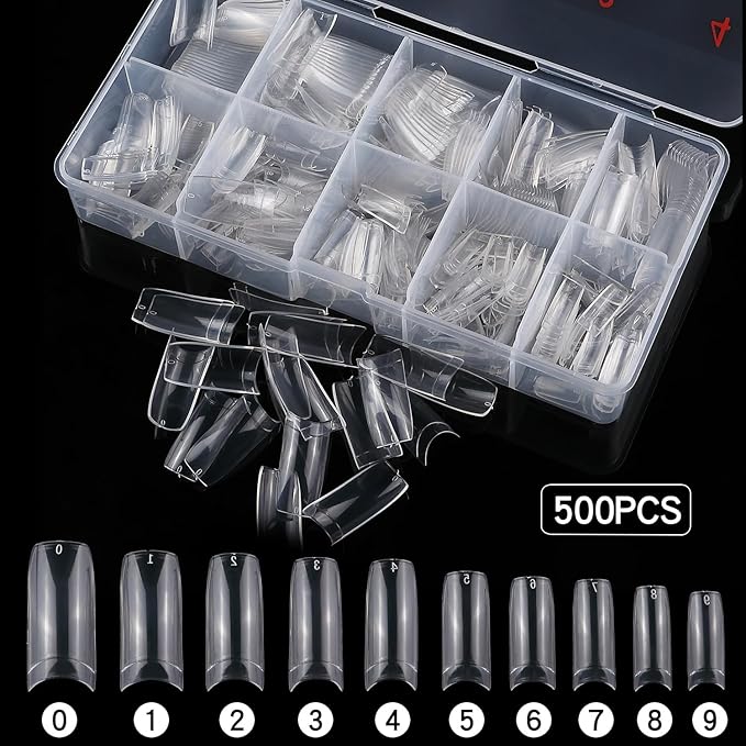 1000pcs Clear and Natural Acrylic Nail Tips,10 Size French Nail Tips For Acrylic Nails Half Cover False Nails Extension Artificial Fingernails