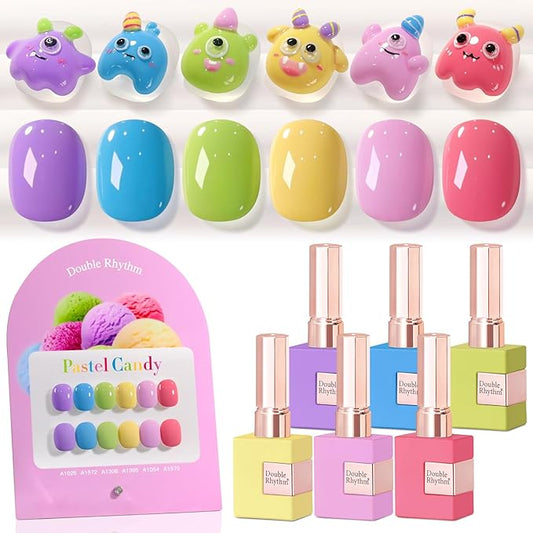 Double Rhythm 6 Pcs 15 ML Gel Polish Set Same Color Same Bottle Soak Off Gel Polish Kit Nail Art Manicure Salon DIY at Home for Women (Purple Blue Green Yellow Pink Peach-T6-10)