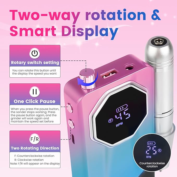 45000RPM Professional Cordless Portable Nail Drill Cordless Low Noise Nail Filer Electric Machine with Efile Bits & Base for Acrylic Nails, Nail Buffer Machine for Salon Home (Pink and Blue)