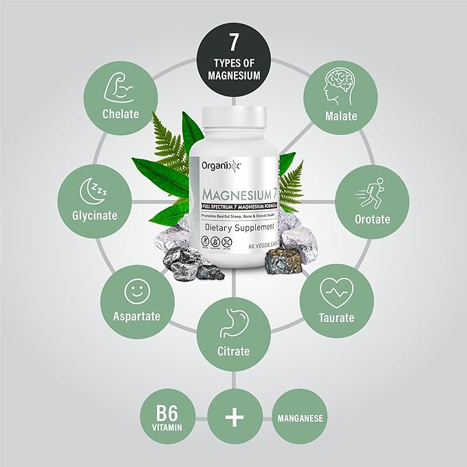 Organixx Magnesium Glycinate Supplement for Support Sleep, Muscle & Heart Health, 7 Type Magnesium Complex with Vitamin B6, Manganese Citrate, Gluten Free, Non GMO, 120 Capsules (60 Capsule 2 Pack)
