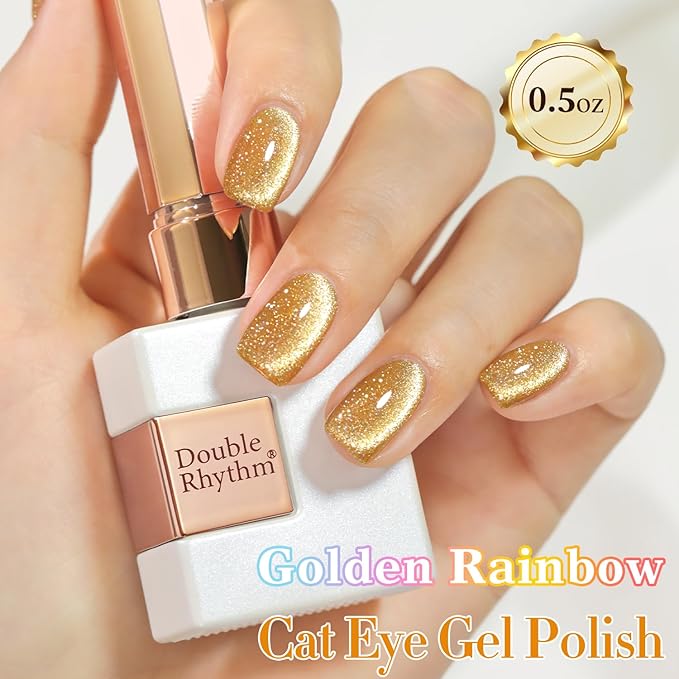 Double Rhythm Cat Eye Gel Polish with Magnet 15ML Holographic Glitter Shimmer Translucent Sheer Color Glass Magnetic Gel Polish Salon DIY at Home (Light Gold-MC1064)