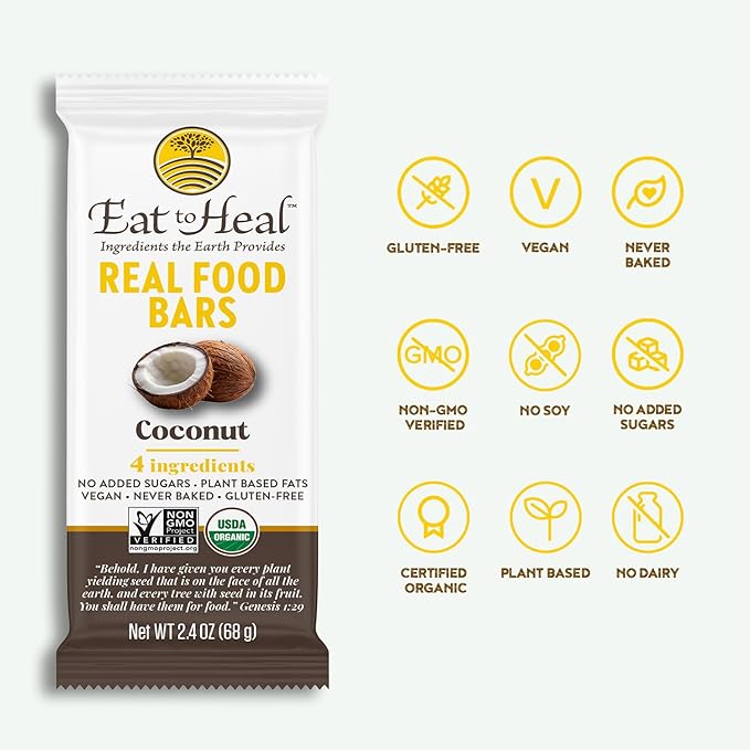 EatToHeal Coconut Real Food Bar - Organic Vegan Healthy Gluten Free Protein Bars - Low Sugar Meal Replacement Bar, Non GMO, Never Baked, Plant Based - Crafted to Enjoy, Not Sit on Shelves