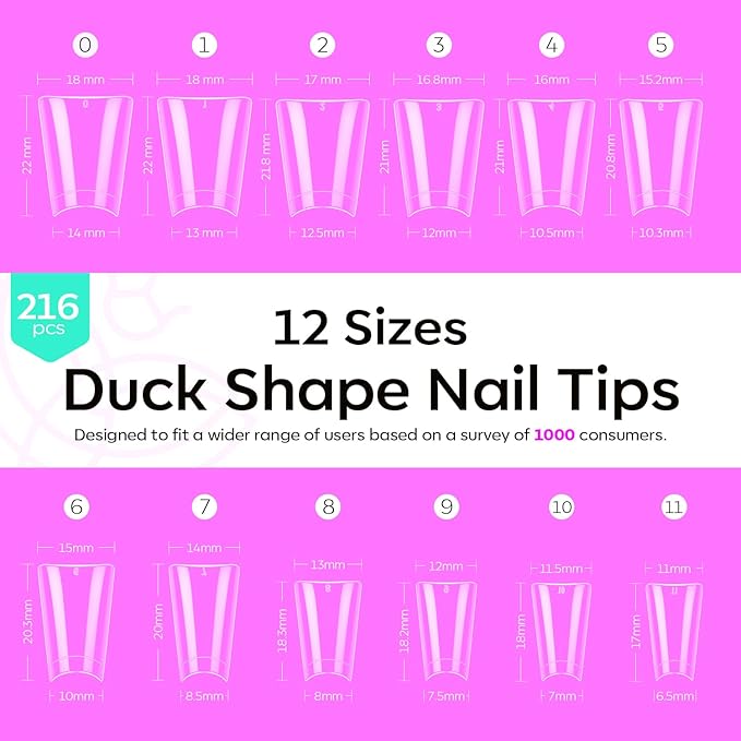 modelones Duck Nail Tips, Short Flare Pre-Shape Half Cover Soft Gel Tips Wide Style Acrylic Fake Nails False Clear Press on Extension Gel Kit Manicure DIY at Home 216PCS 12Sizes