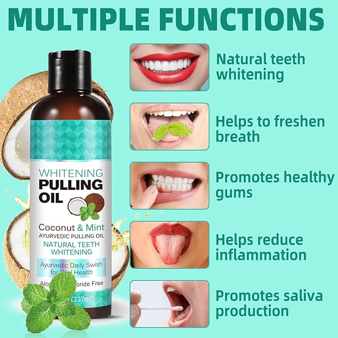 Coconut Oil Pulling for Fresh Breath and Oral Hygiene - Ayurvedic Expert Formulated | Supports Healthy Gums | Natural - Includes Tongue Scraper and Measuring Cup - 8 oz