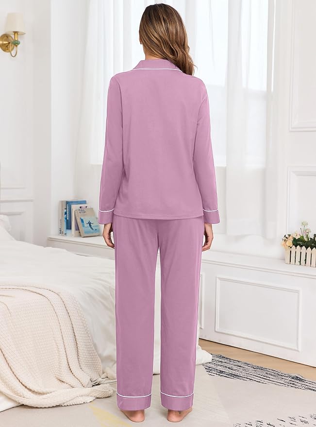 Veseacky 100% Cotton Pajamas for Women Set Long Sleeve Button Down Sleepwear Soft Pjs Lounge Sets with Pockets S-XXL