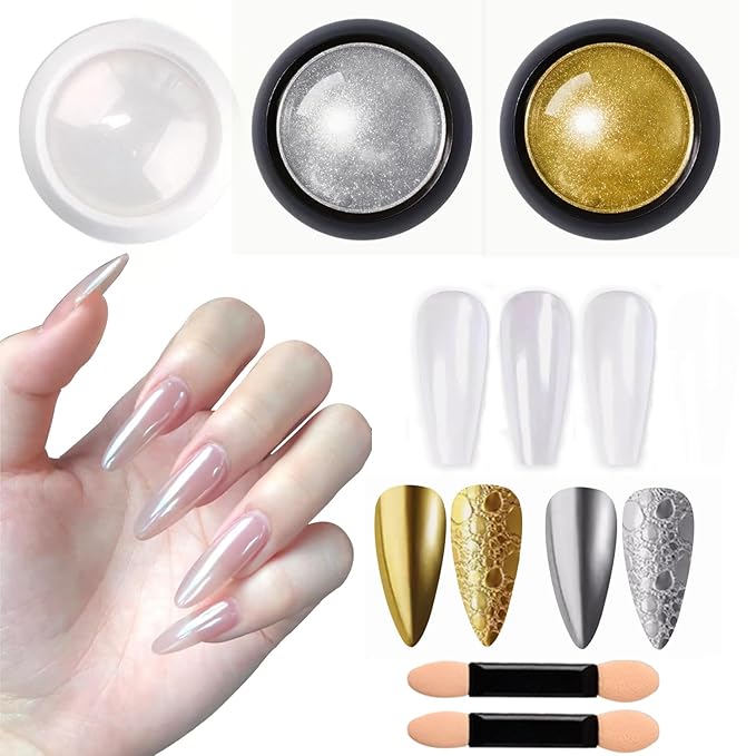 Holographic Mirror White Pearl Chrome Nail Powder Gold Effect Pure Metallic Dust Sequins UV Gel Nail Chrome Pigment for Nail Art Decoration