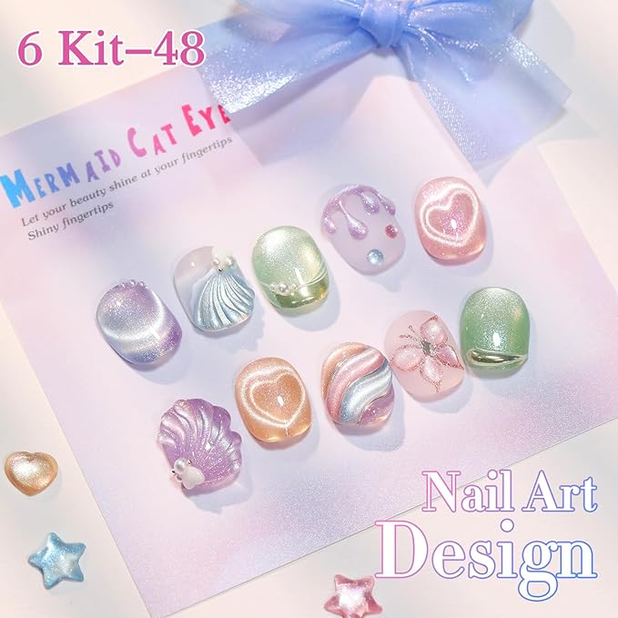 Double Rhythm 6 Colors Cat Eye Gel Polish Set Shimmer Glitter with Magnet Holographic Reflective Magnetic UV Nail Art Kit (6-Kit-48)