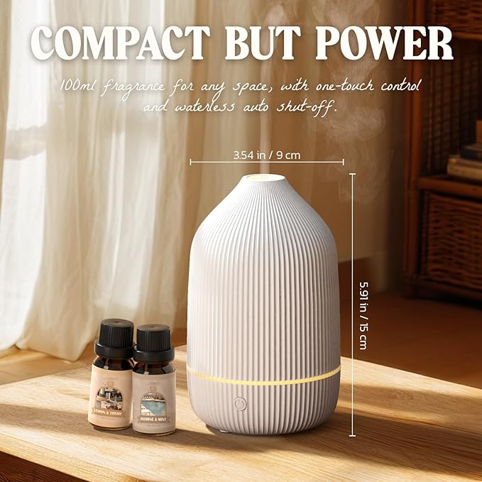 Essential Oil Diffuser, 100ml Aromatherapy Diffuser, Mini Ultrasonic Diffuser for Essential Oil, Home, Office, Cool Mist Humidifier with 7 Led Light, Auto Shut-Off, White