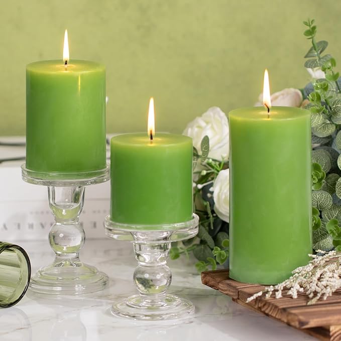 KONNI Green Pillar Candles Set of 3, 3"x 3" Unscented Pillar Candles Bulk, 30 Hours Long Burning Candles, Smokeless&Dripless Large Round Candle for Wedding, Home Decoration, Parties, Spas, Dinner