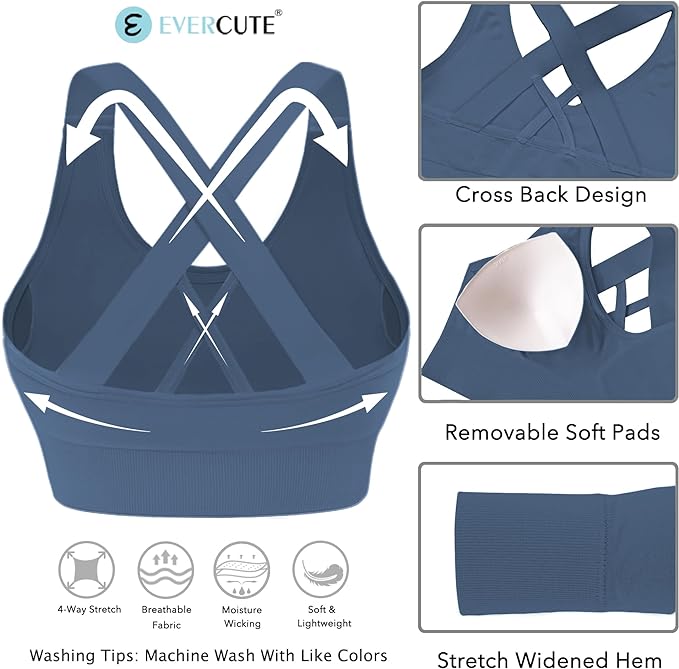 Evercute Sports Bra for Women Padded Medium Support Criss Cross Strappy Bras Seamless High Impact Yoga Exercise Athletic Bras