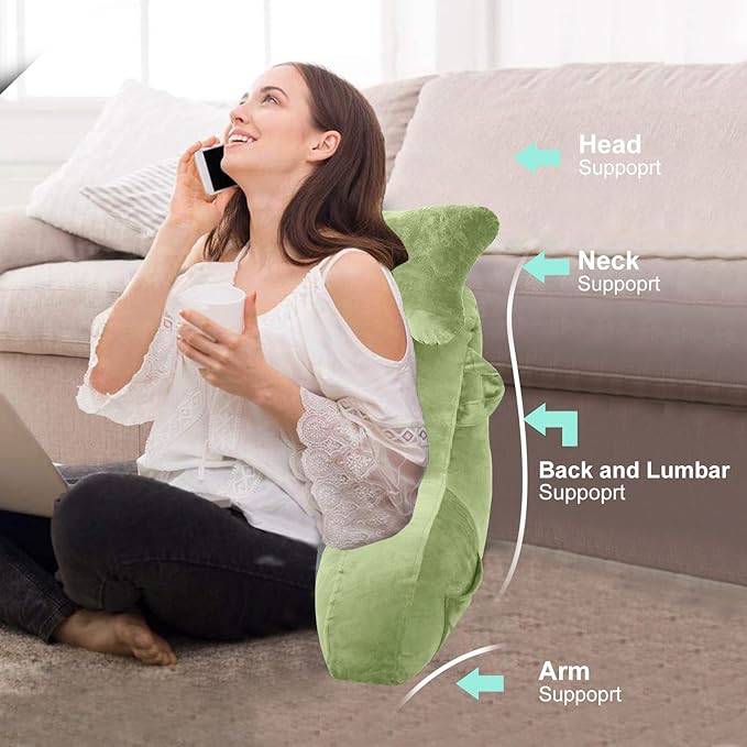 SLIGUY Reading Pillow for Sitting in Bed Couch Adult, Back Pillow with arm Support and Pockets, Adult Back Pillow Bed Chair for Rest, Reading, Watching TV, Gaming for Boys and Girls Green