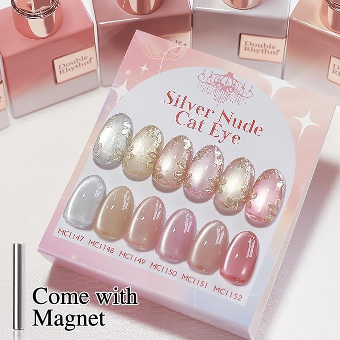 Double Rhythm Cat Eye Gel Nail Polish Set of 6 Same Color Same Bottle 0.5 Oz Shimmer Glitter with Magnet Holographic Reflective Magnetic UV Nail Polish Kit at Home (Silver Nude Pink-T6-27)
