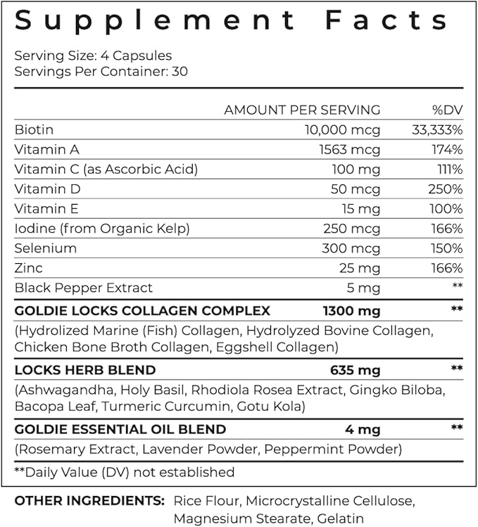 Goldie Locks Hair Growth Supplements - Original Formula - Supports Hair, Skin, Nails & Joints - with Biotin, Multi-Collagen, Zinc & Adaptogenic Herbs - Daily Beauty Supplement - 120 Count
