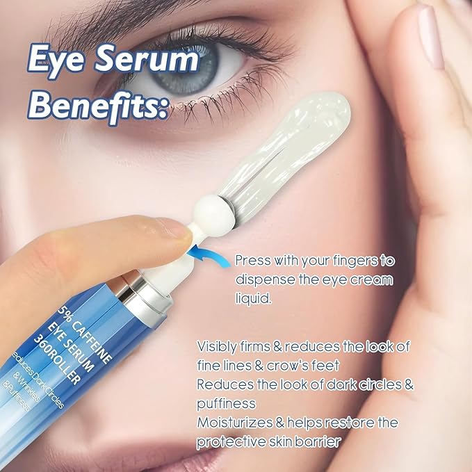 5% Caffeine & Retinol Eye Cream with 360° Roller – Hydrating & Anti-Aging Formula for Fine Lines, Puffiness, Dark Circles & Bags – Moisturizing Treatment Serum for Women & Men