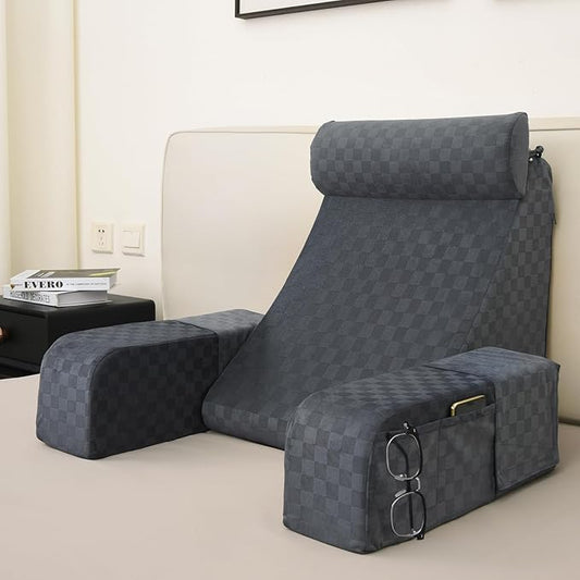 Vekkia Reading Pillow with Adjustable-Arms & Headrest – Multi-Firm Foam Backrest Cushion for Adults with Extra-Large Pockets for Reading, TV, Gaming & Work, Recovery on Bed & Floor, 19"(Grace Grey)