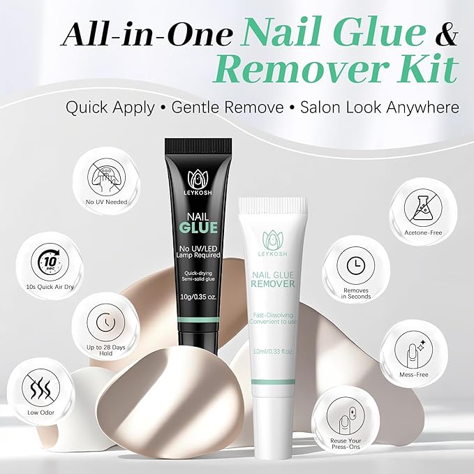 Nail Glue & Nail Glue Remover for Press On Nails, 10g Semi Sold Glue No Curing Needed, 10ml Gentle Quick Remove Not for Gel Polish Base Coat, Upgraded Long Lasting 28+ Days Fake Acrylic Tips
