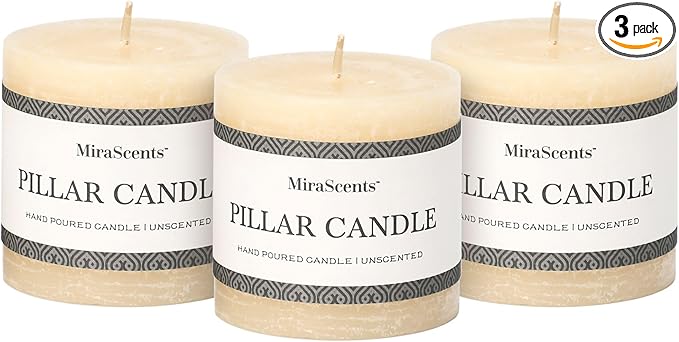 Ivory Pillar Candles - Set of 3, Hand-Poured Unscented, Long Burning, Large, Smokeless Dripless for Dinner Table, Wedding, Home, Bathroom, Rustic Decor