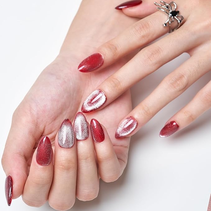 GLAMERMAID Red Magnet Cat Eyes Press on Nails Short Almond, Aurora Handmade Gel Fake Nail Kit, Ombre Rouge Glitter Magnetic Glue on Nail Stiletto, Scarlet Medium Oval Stick on False Nail Set for Women