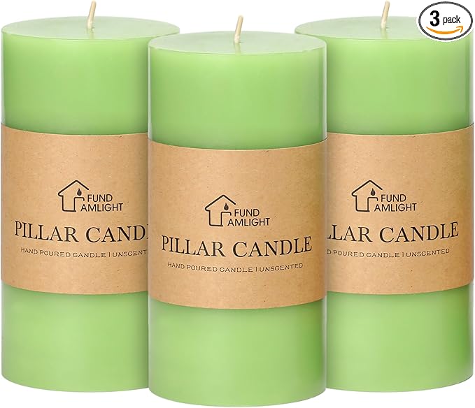 3x6 Inch Green Pillar Candles Set of 3 - Decorative Unscented Pillar Candle, Long Burning Dripless Candle for Table Decor, Smokeless Large Pillar Candles for Wedding Table Decor