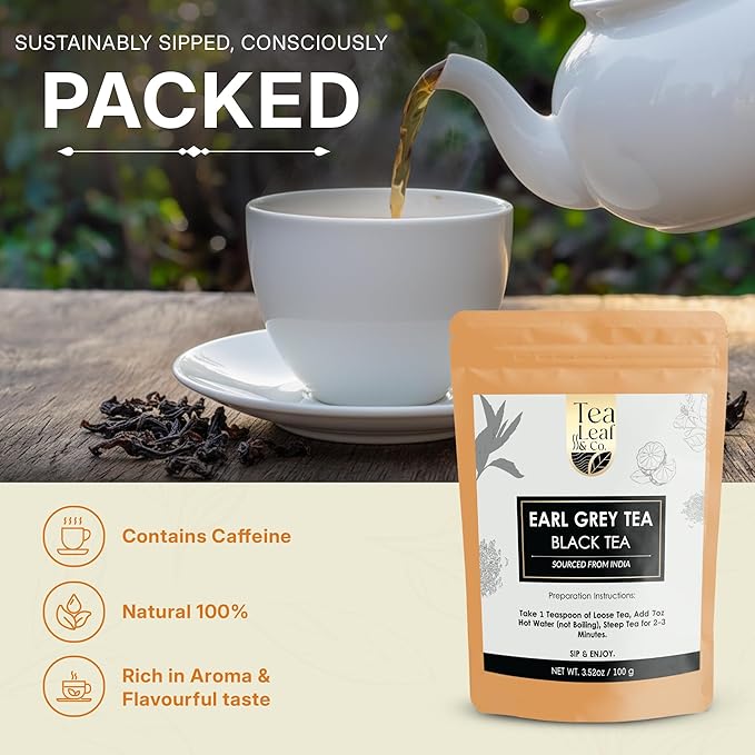 Tealeaf & Co. Earl Grey Black Tea Blended with Bergamot Extract (Loose Leaf Form) - Premium Sweet & Sour Flavored Tea - Contains Low Caffeine - Upto 50 Servings (3.52oz/100gm)