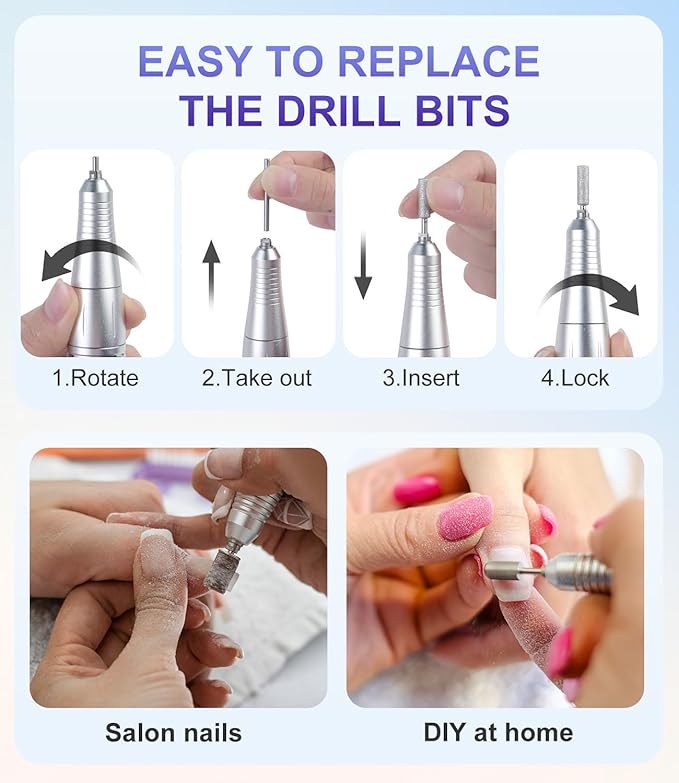 Portable Nail Drill Professional 45000 RPM, Rechargeable Electric Nail File Machine E File for Acrylic Gel Polishing Removing, Cordless E-File with Bits Kit for Manicure Salon Home