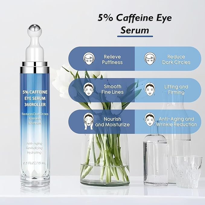 5% Caffeine & Retinol Eye Cream with 360° Roller – Hydrating & Anti-Aging Formula for Fine Lines, Puffiness, Dark Circles & Bags – Moisturizing Treatment Serum for Women & Men