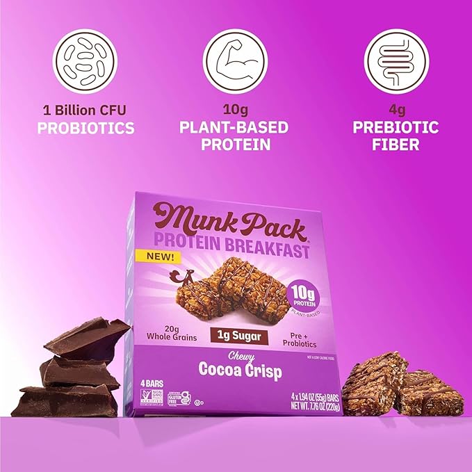 Munk Pack Probiotic Protein Breakfast Bars - 10g Plant Protein, 1g Sugar, 6g Fiber – For Adults & Kids, Low Sugar Snack, Gluten-Free, Diabetic-Friendly, Non-GMO, Sampler Pack- 5 Pack