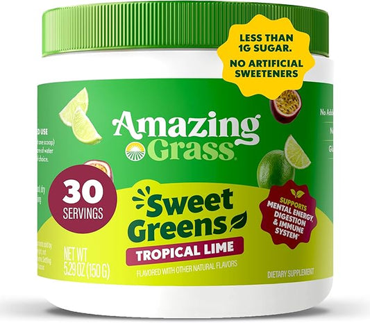 Amazing Grass Sweet Greens and Superfoods Powder for Digestive Health, Greens Powder, Digestive Enzymes, Probiotics, Spirulina, Chlorella, Tropical Lime, 30 Servings